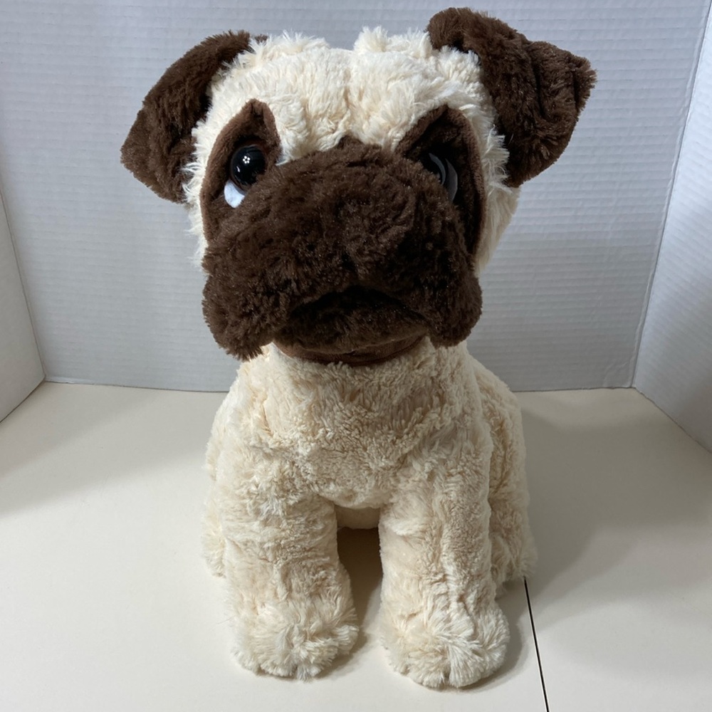 Realistic Pug Dog Plush Companion Soft Cuddly Stuffed Animal Brown Collar 14” - Picture 1 of 9